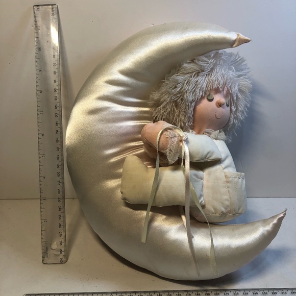 Vintage Doll Sitting Laying MOON STUFFED PLUSH Baby nursery Room Decor cream pnk - Picture 2 of 11